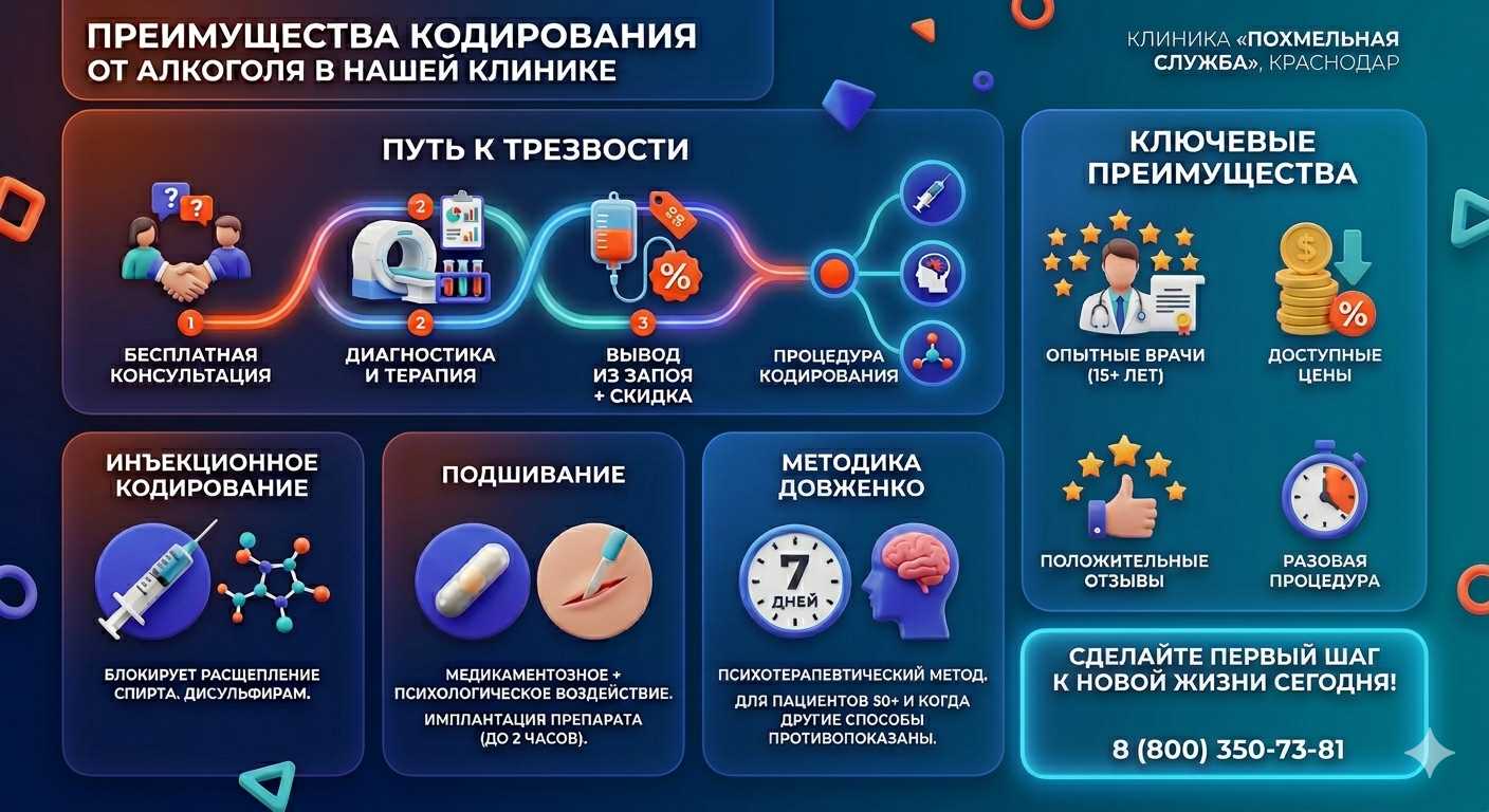 Инфографика о методах кодирования от алкоголя в Карымском: инъекции, подшивание, метод Довженко. Преимущества клиники и этапы лечения.