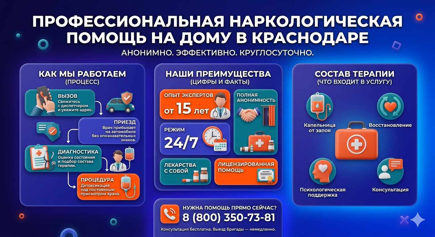 Инфографика о принципах лечения алкоголизма на дому в Карымском: этапы вызова нарколога, преимущества анонимной детоксикации и состав медицинской помощи.